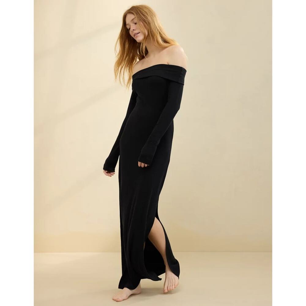Aerie Off the Shoulder Draped Neckline Maxi Dress Womens XL Black Fitted Bodycon